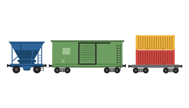 Colorful vector illustration of three different cargo train cars including a hopper, boxcar, and flatcar with containers.