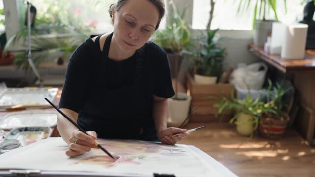 Talented female artist sitting at an easel in her creative workshop, concentrating on painting a delicate floral watercolor still life with a fine brush in a slow motion high angle view.