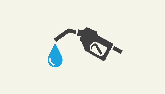 Gas pump nozzle icon in dark grey dispensing a single bright blue fuel drop on a light background.