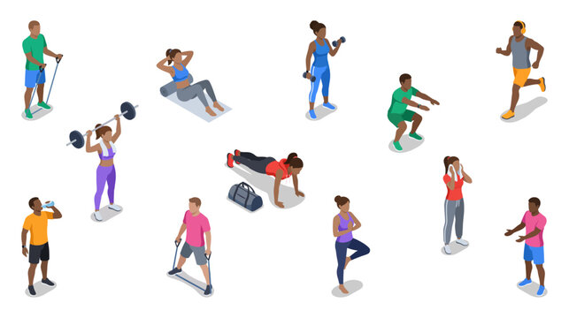 Fitness center people and diverse athletic characters exercising at the gym | Isometric workout and sports elements set vector illustration