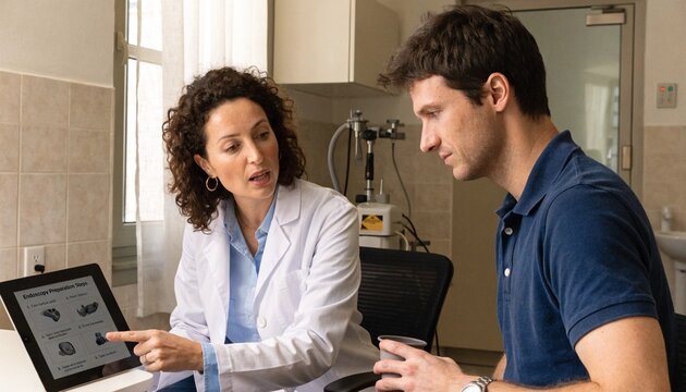 Female doctor explains digestive test results on a tablet to a male patient in a clinic, useful for healthcare communication and telemedicine campaigns.