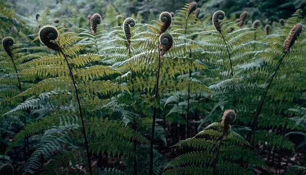 Unfurling fern fronds rise through a shaded temperate forest understory, ideal for eco tourism, conservation, botanical, or wellness campaign themes.