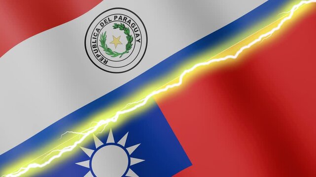 Two waving flags Paraguay and Taiwan with diagonal lightning seamless, 4k loop