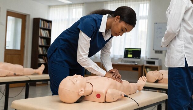 A nursing student practices chest compressions on a CPR training manikin in a classroom, ideal for first aid education, medical certification, or safety campaigns.