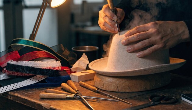 Skilled milliner shapes a felt hat by hand at a workshop bench, useful for artisanal fashion branding, craft education, and heritage trade features.