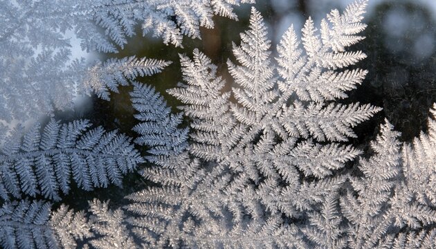 Intricate fernlike frost crystals spread across a cold windowpane, creating a natural winter texture for seasonal design backgrounds or climate stories.