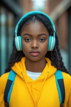 Portrait of a teen girl wearing turquoise headphones, yellow hoodie, and backpack, standing in an urban outdoor setting with blurred city background.