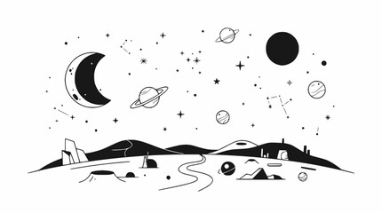 Cosmic Landscape with Crescent Moon, Planets, and Stars © illustration vector