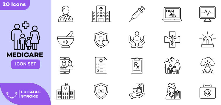 Medicare icon set. Healthcare, Hospital Health Insurance, Doctor, Nurse, Syringe, Telemedicine, Prescription, Caduceus, Family Care and First Aid. Outline icons collection.