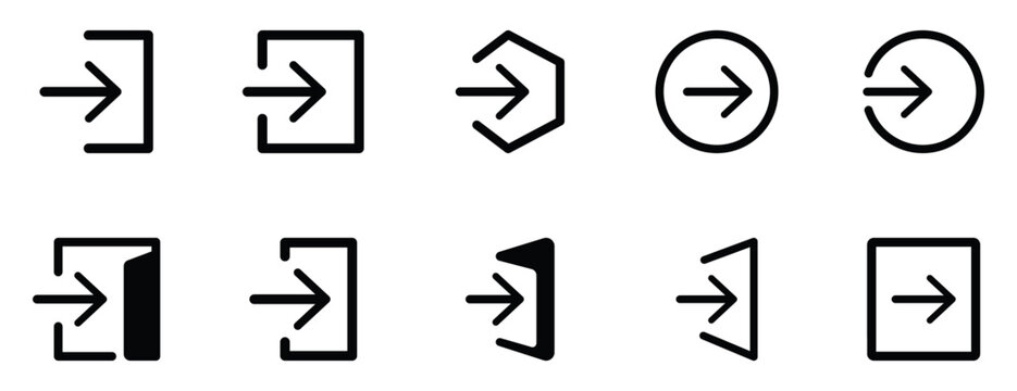Arrow, login, sign, interface and navigation icon collection featuring entry, exit and access symbols. Ideal for UI, UX, web, mobile apps, dashboards and software design.
