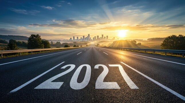 Road to 2027 a futuristic cityscape at sunrise with a highway leading to the future