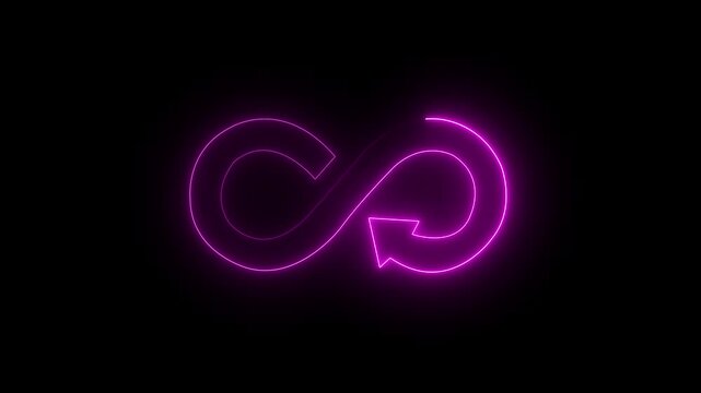 Neon purple infinity loop symbol with arrow animation on black background, glow