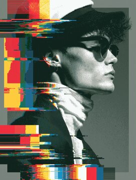 Side profile portrait of a young man wearing glasses and a cap, shown in grayscale with colorful horizontal glitch bands and blocks across the frame.