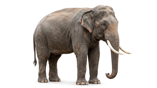 Large adult asian elephant standing calmly while displaying its long ivory tusks and textured grey skin in a detailed profile view isolated on white background