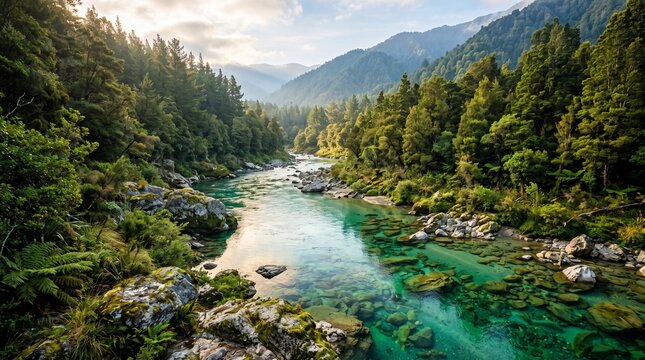 Stunning crystal clear turquoise river flowing through a lush green valley with dense pine forests and majestic mountains under a soft sunlight.
