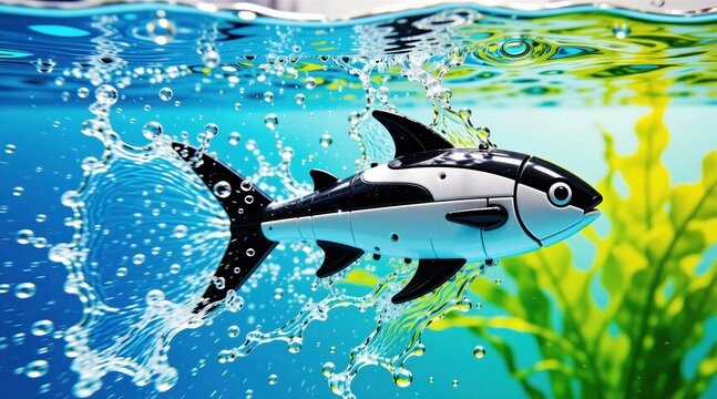 Toy robot fish swims underwater, creating splash and bubbles in bright blue water. Playful design with black and white fins moves through aquatic environment with green plants.