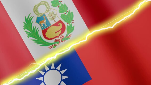 Two waving flags Peru and Taiwan with diagonal lightning seamless, 4k loop