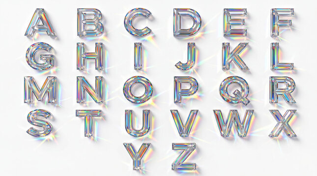 Iridescent crystal alphabet characters on white background