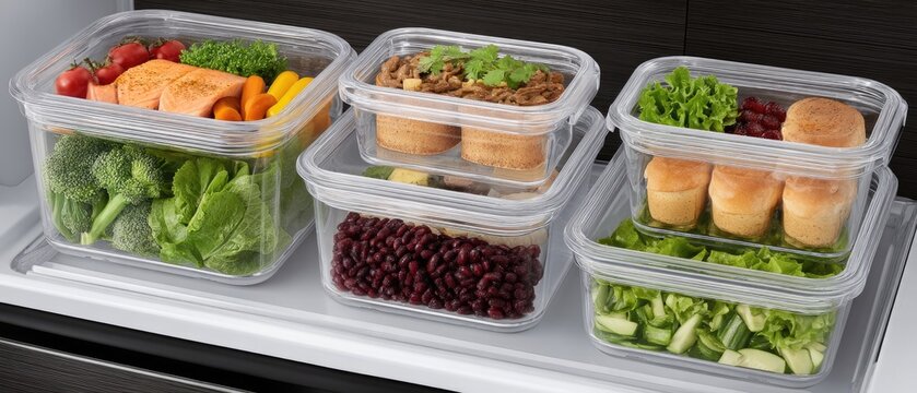Split refrigerator shows organized work lunches and children's school lunches for each weekday with meal planning calendar