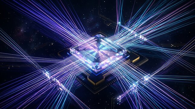 Advanced central processing unit with glowing fiber optic data streams transparent background