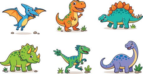 Cute Cartoon Dinosaur Collection with Tyrannosaurus Triceratops Stegosaurus Pterodactyl and Sauropod Characters © MstShahida