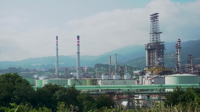 Operating Oil Refinery with Processing Towers in Basque Country Spain