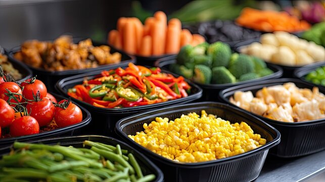 Bright kitchen island during meal prep on a Sunday afternoon with colorful containers filled with homemade meals for the workweek ahead