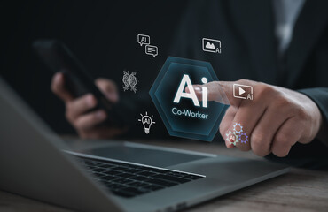 Fototapeta premium AI co-worker technology enhancing human collaboration through intelligent assistance, task automation, content generation, workflow support, business productivity and digital workplace innovation.