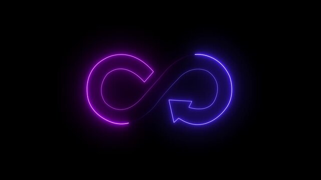 Neon purple infinity loop symbol with arrow animation on black background, glow