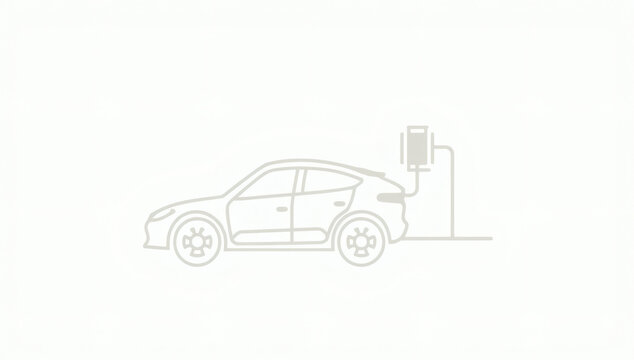 Minimalist Outline Icon of a Modern Electric Vehicle Connected to a Charging Station for Sustainable Energy and Transportation Concepts