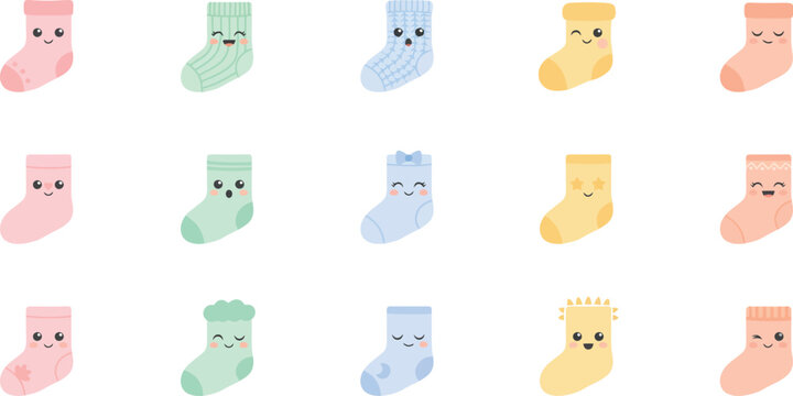 Cute kawaii socks collection with funny faces and pastel patterns for children fashion and apparel design
