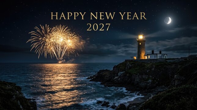 Happy new year 2027 celebration fireworks by the lighthouse on a starry night