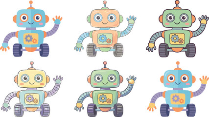 Fototapeta premium Cute Cartoon Robot Illustration Collection with Friendly AI Characters for Kids and Education