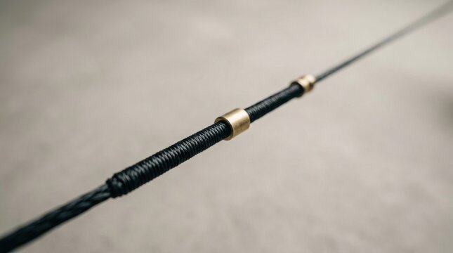 Archery bow serving string macro, close-up of black braided rope against a white background