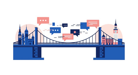 Obraz premium Global Communication and Connectivity Concept Flat Illustration with City Bridge and Speech Bubbles