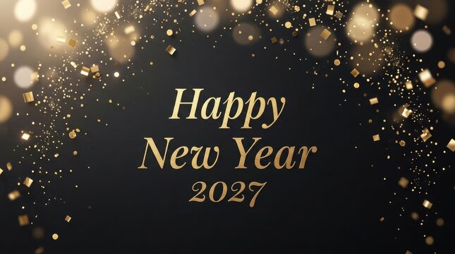 Elegant happy new year 2027 greeting card with gold confetti festive celebration design