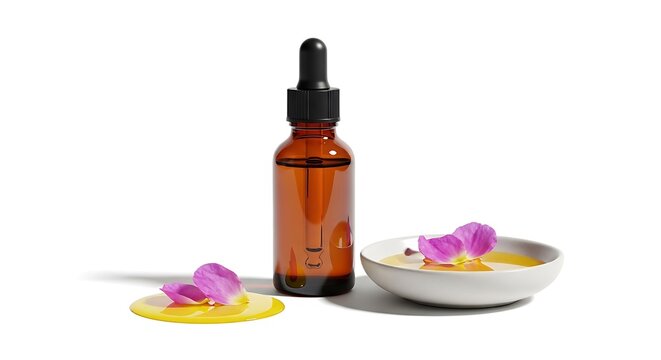 Cistus essential oil in a brown glass dropper bottle with petals and gold serum in a white bowl for luxury natural skincare and aromatherapy beauty care