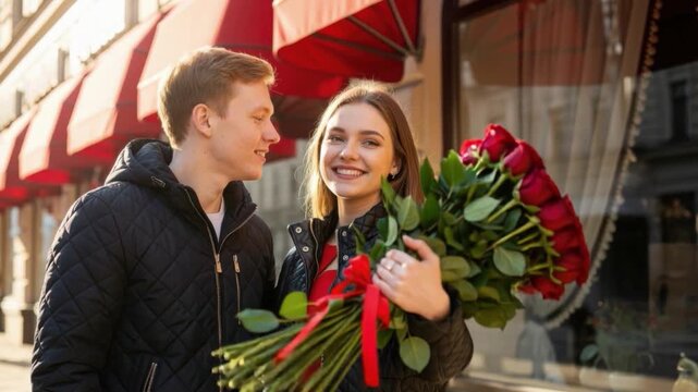 Romantic couple exchanging flowers at outdoor winter event romance gift affection