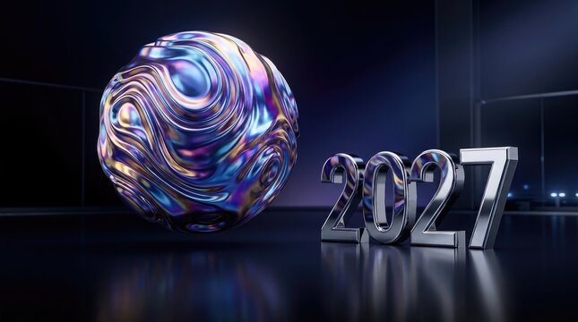 Shimmering 2027 vision a futuristic metallic orb and digital year display