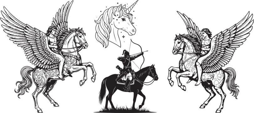 Three winged horses with riders flying in sky