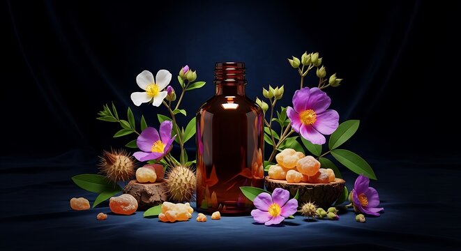 Cistus essential oil in a glass bottle surrounded by blooming rockrose flowers and resin pieces on a dark blue background for aromatherapy product photography