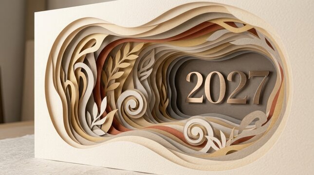 Layered paper art '2027' decorative wall sculpture for new year celebrations and modern interiors
