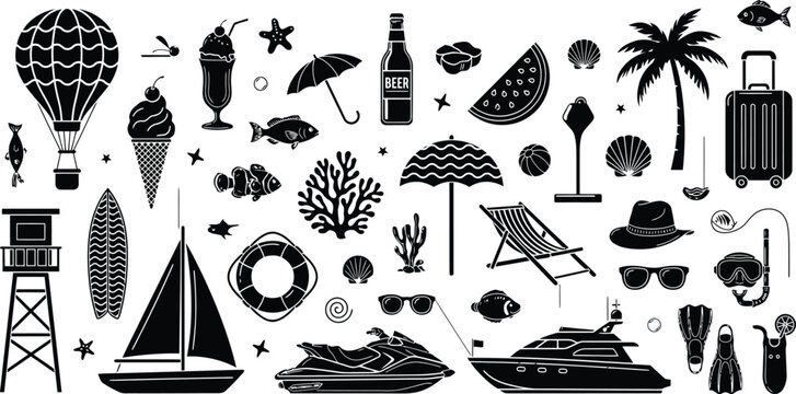 Detailed black silhouette icons collection of summer travel, beach activities, and marine recreation objects