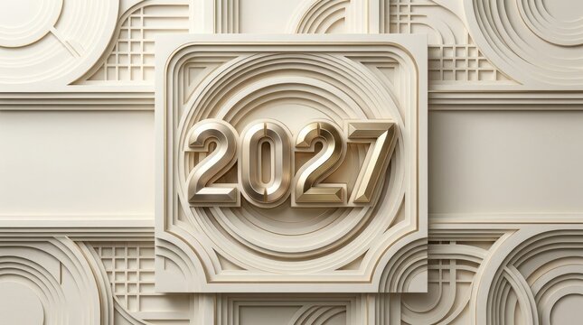 2027 new year modern art deco design with gold accents and beige tones for 2027 celebrations