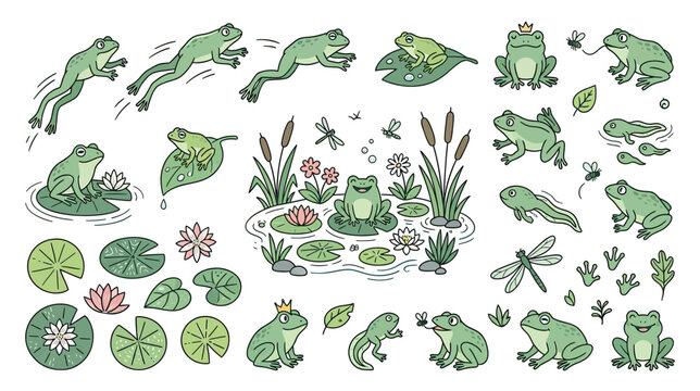 Cute Frog Illustrations Set: Pond Life, Tadpoles, Dragonflies, Lily Pads