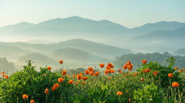 Vibrant orange marigold flowers swaying gently in a serene mountain meadow at sunrise, soft hazy landscape background, natural scenic beauty, tranquil rural scenery