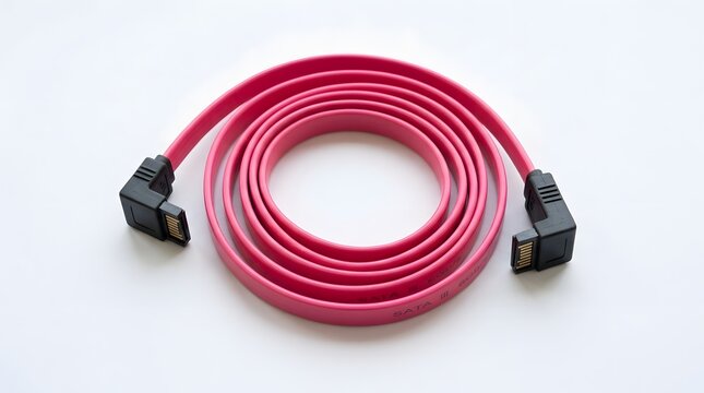 Coiled pink sata iii data cable with angled connectors on white desk.