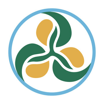 A circular emblem with three stylized sprouting seeds, featuring smooth organic shapes and bold flat colors, isolated on white. Growth and nature concept
