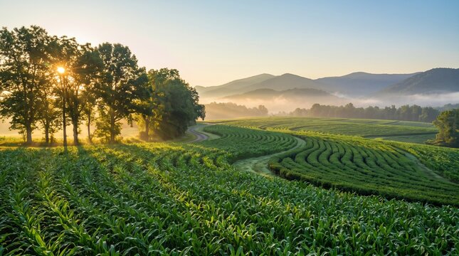 Serene landscape of a lush green tea plantation at sunrise with misty mountains and trees in the background, captured in a realistic photographic style.