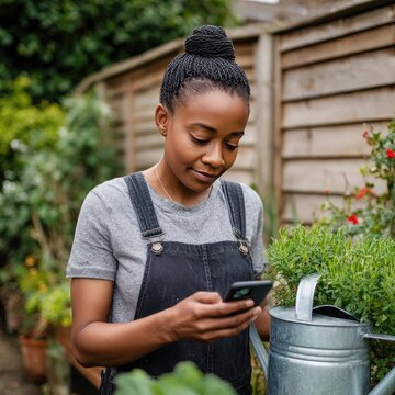 Woman collects rainwater for garden while checking household water consumption app for sustainable living without stereotypes